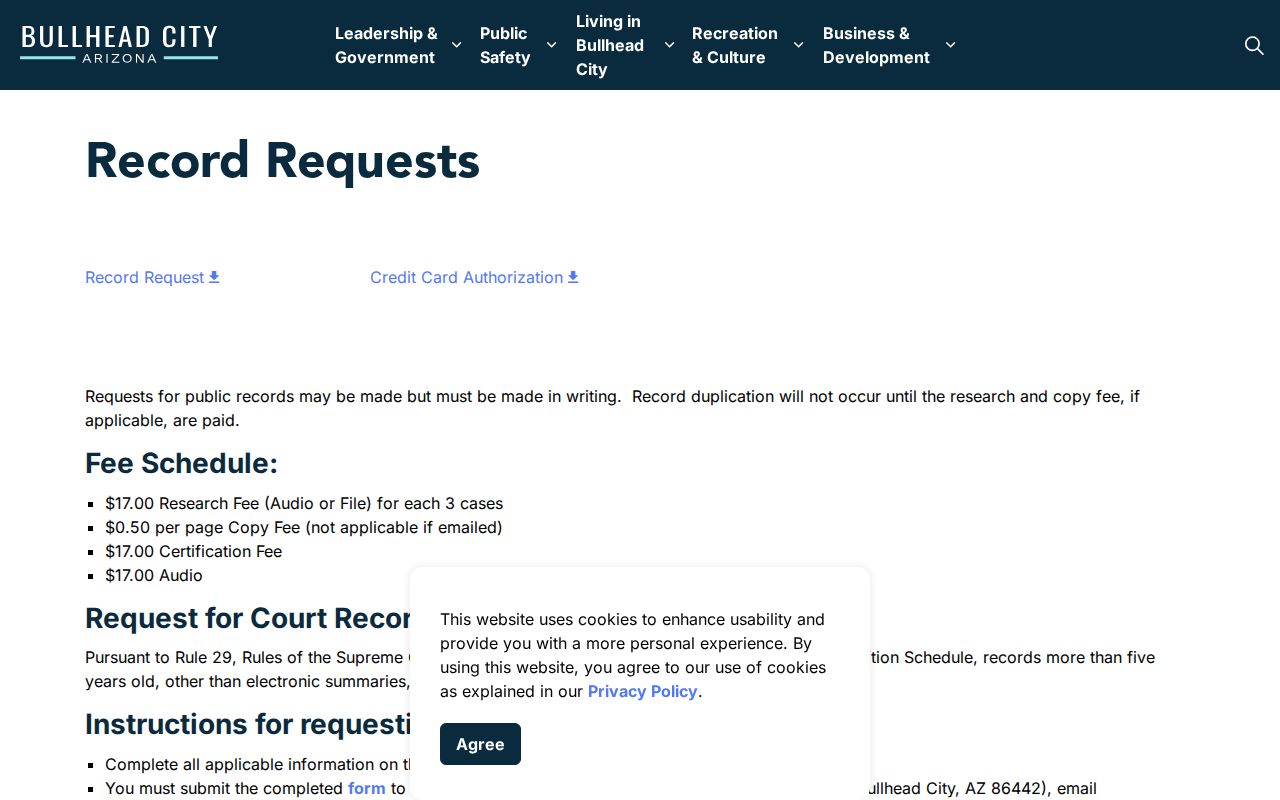 Bullhead City resident lookup municipal court record request instructions